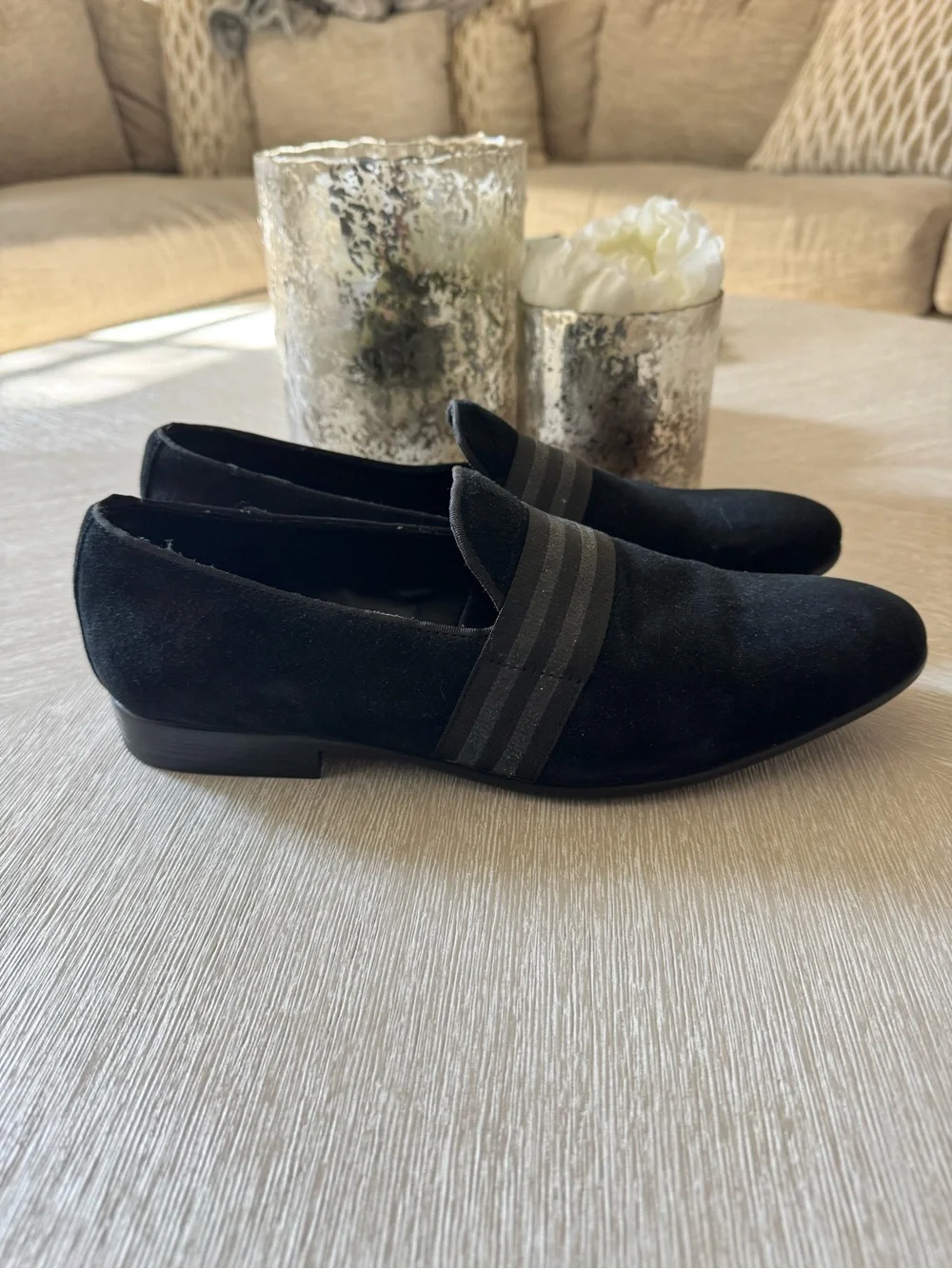 Aldo Black Suede Slip-On Loafers with Striped Band